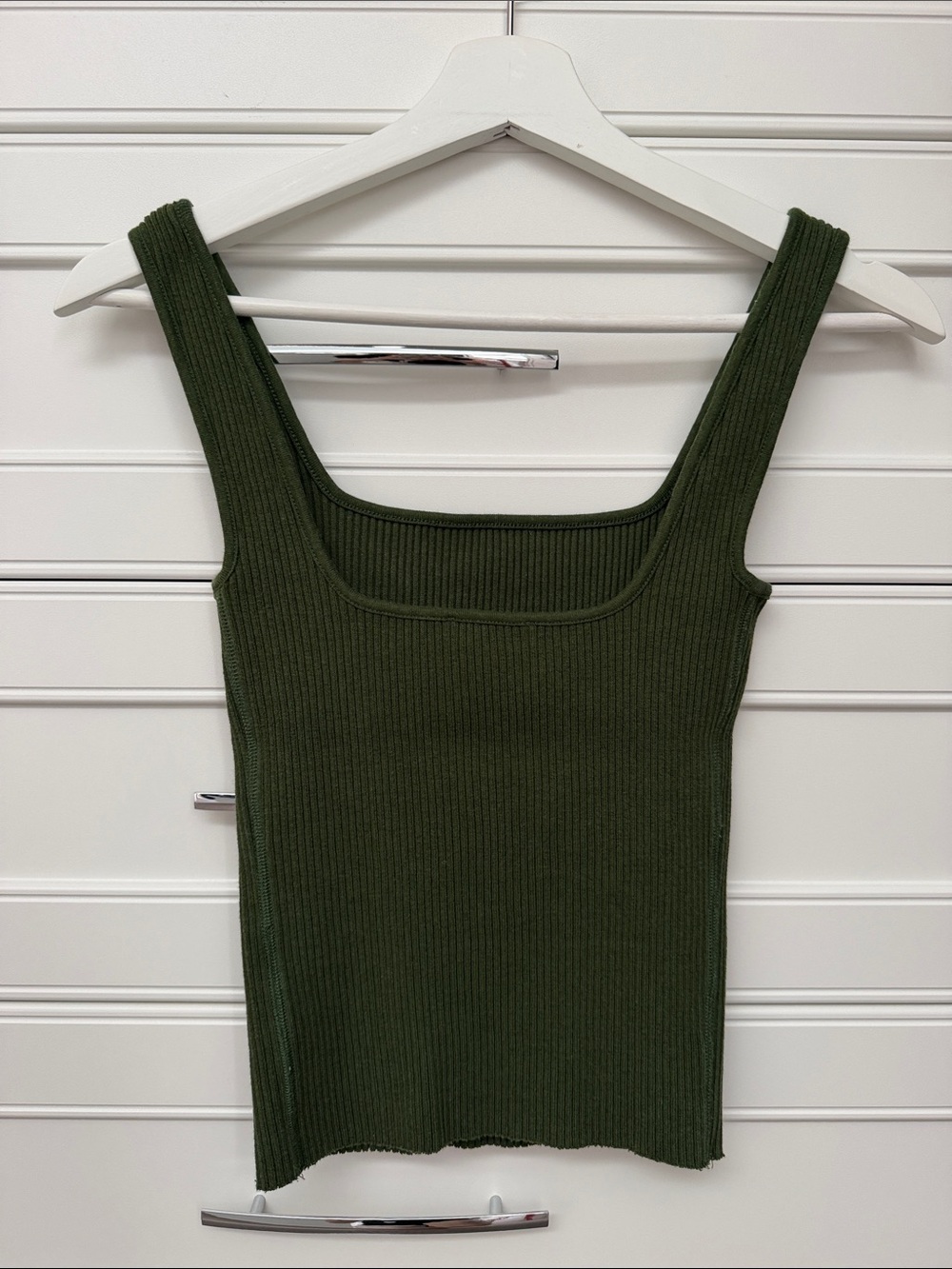 Vince Ribbed Square Neck Tank Top - Olive Green - Picture 4 of 7